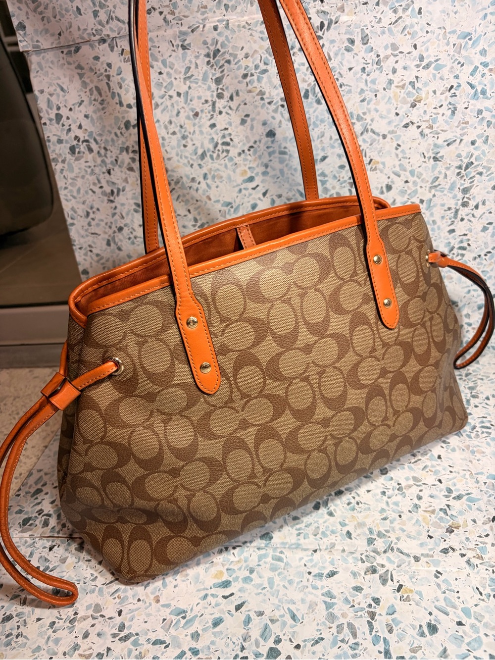 Coach Signature Drawstring Carryall 57842 Khaki Saddle Tote - Picture 5 of 9